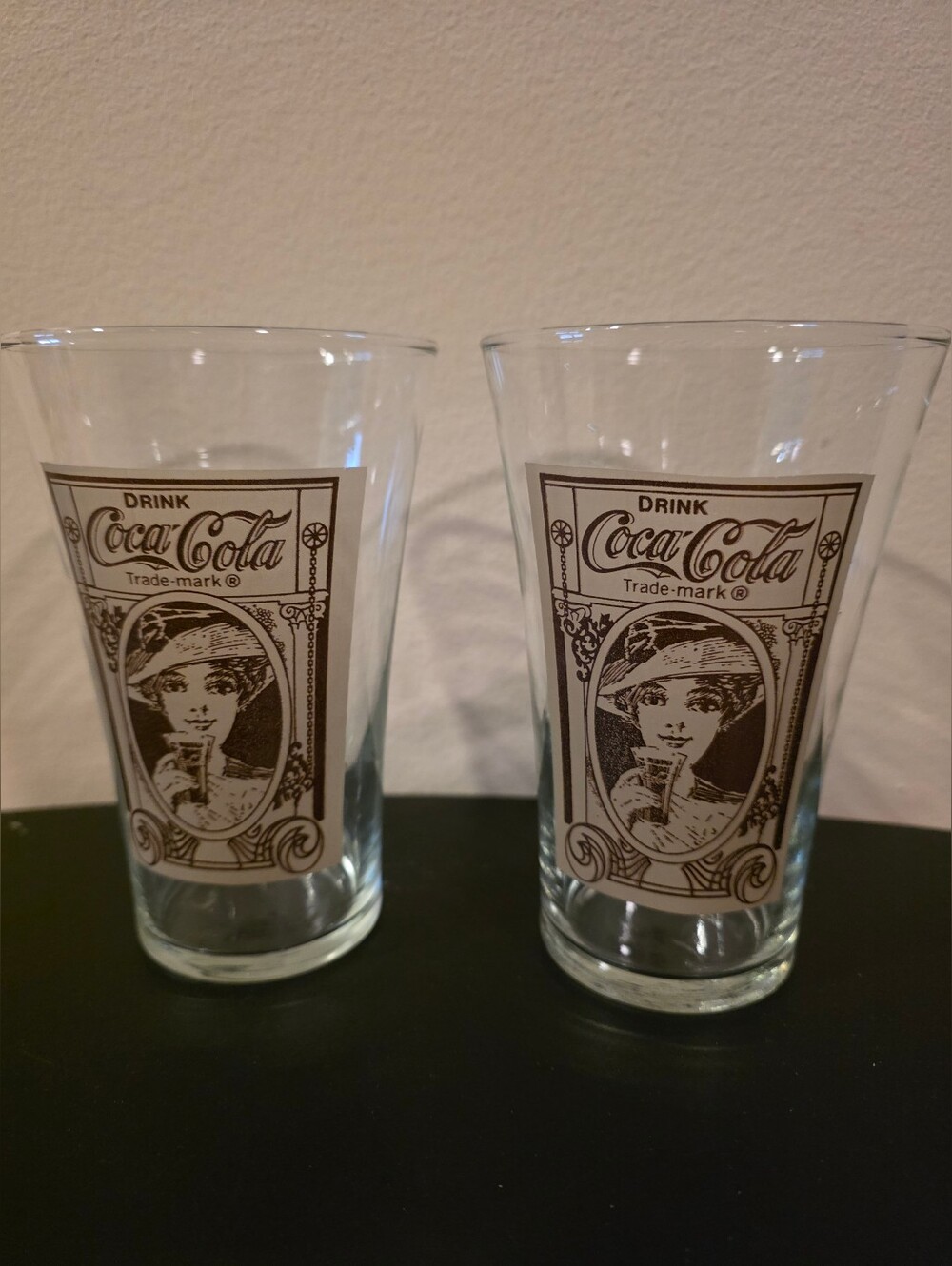 2 Coca-Cola Drinking Glasses Soda Victorian Lady Flair Clear Vintage Look Coke